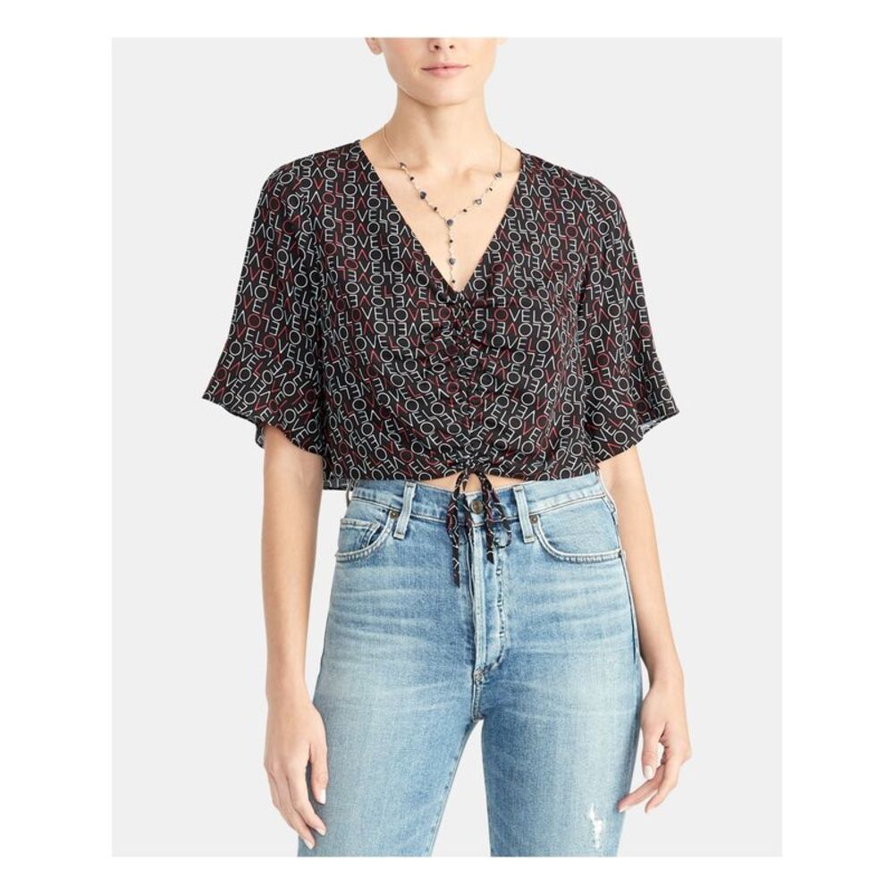 NWT RACHEL ROY Womens Black Printed Dolman Sleeve V Neck Crop Top Size: M
